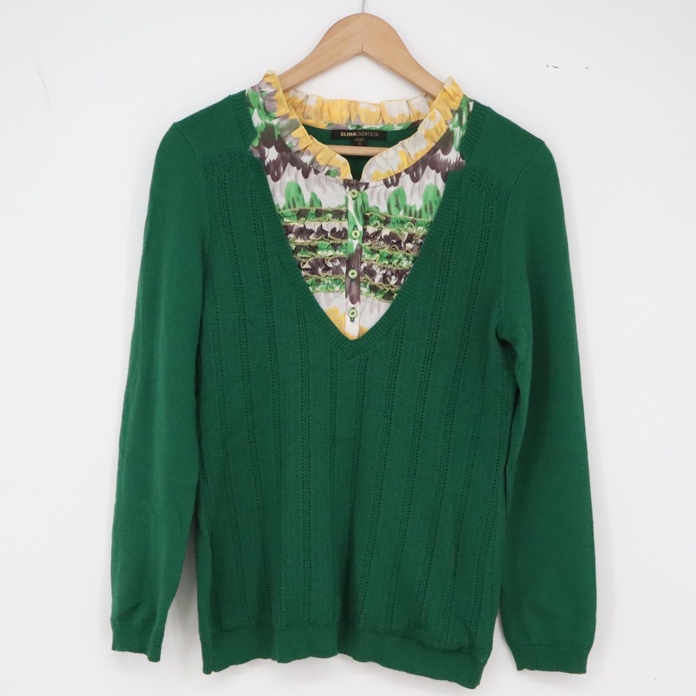 Elina Createur Sweater Womens 13 Layered Floral Collar Green Pointelle Excellent